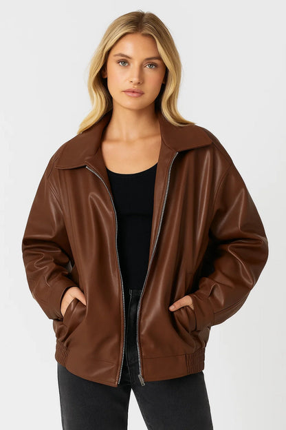 Dames Oversized Bikerjas Stoere Look – Ritssluiting en Kraag