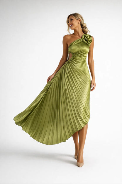 Lunaria One Shoulder Midi Jurk met Bloemdetail en Plooien Chic