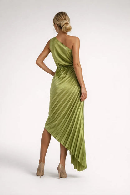 Lunaria One Shoulder Midi Jurk met Bloemdetail en Plooien Chic