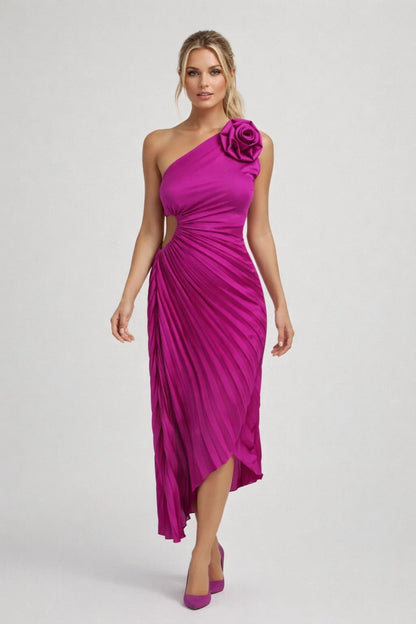 Lunaria One Shoulder Midi Jurk met Bloemdetail en Plooien Chic