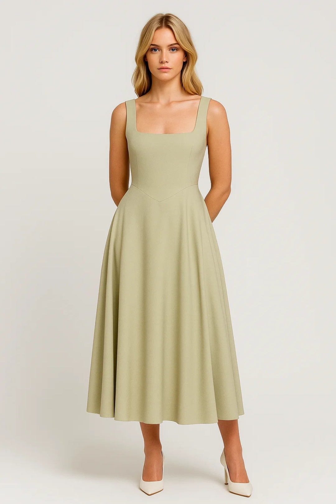Aurevia Gele Elegante Midi Jurk met Brede Bandjes en Zomerlook