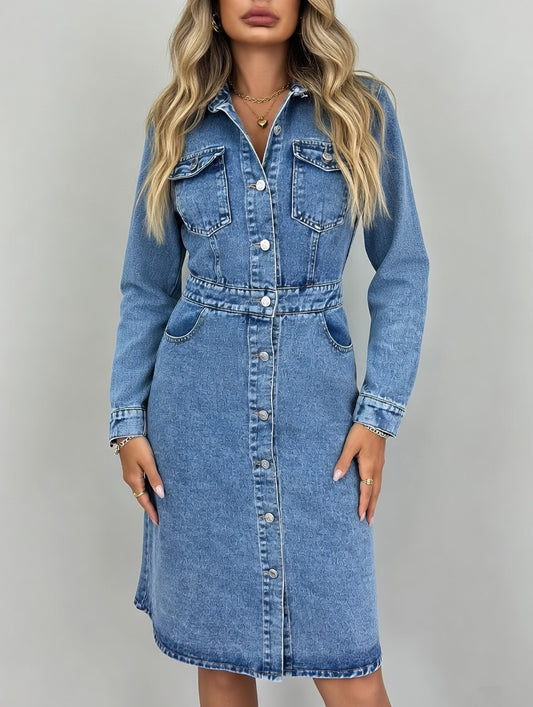 Noa Denim Midi Jurk Dames – Blauwe Casual Chic Jurk