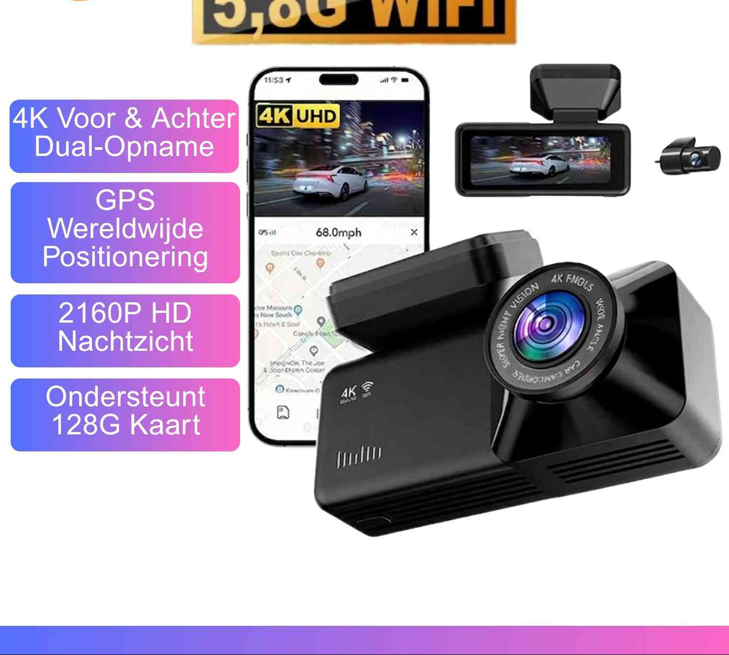4K Auto Dashcam met WiFi GPS Voor- en Achtercamera Opname