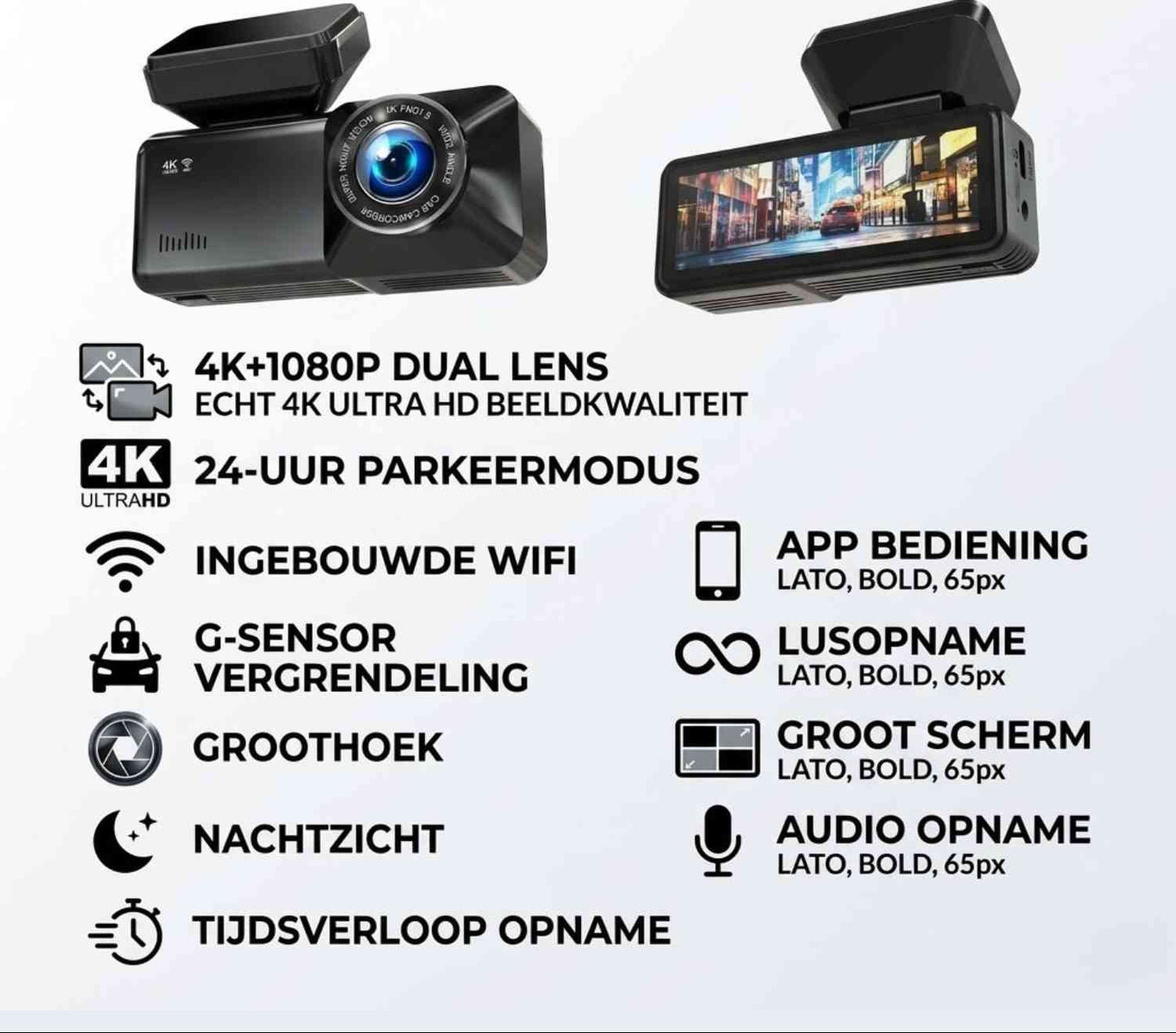 4K Auto Dashcam met WiFi GPS Voor- en Achtercamera Opname