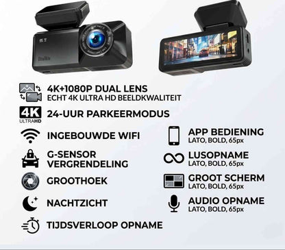 4K Auto Dashcam met WiFi GPS Voor- en Achtercamera Opname