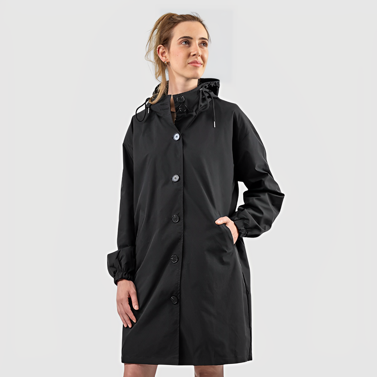 Saar Dames Regenjas – Lange Jas met Capuchon en Knoopsluiting