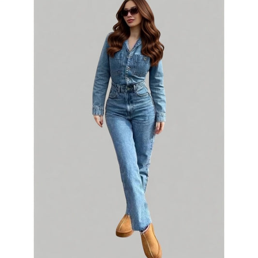 Novira denim jumpsuit dames casual stretch met knoopsluiting