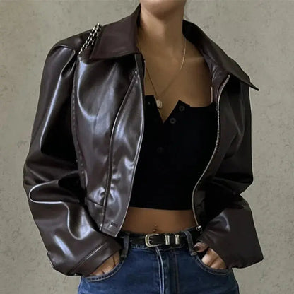 Elvara damesjas oversized imitatieleer kort model casual