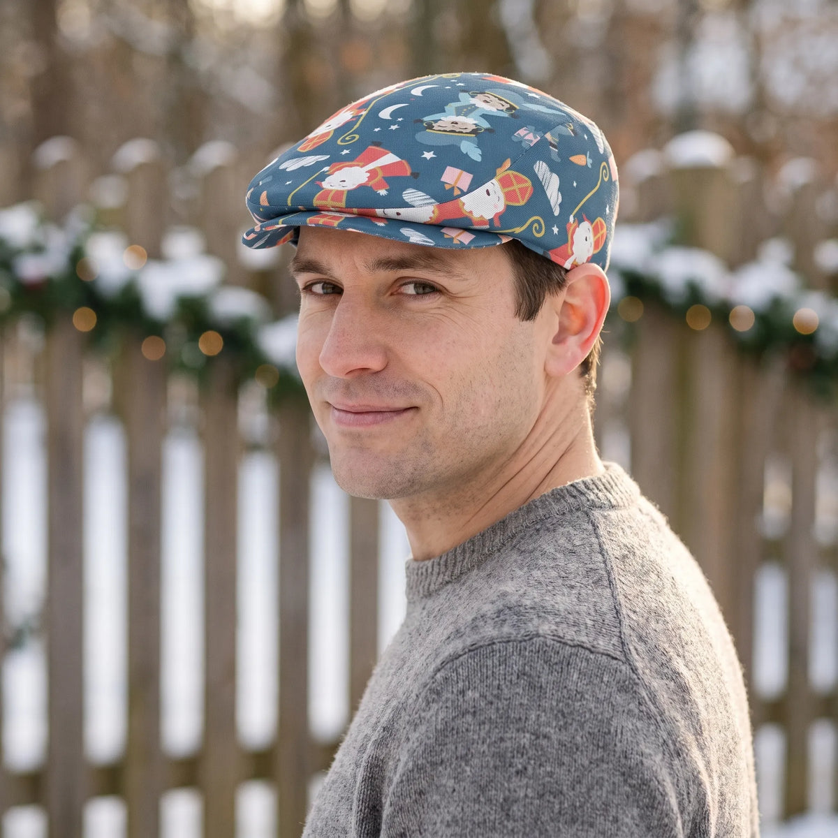 Sintpret – Blauwe Flatcap met Sinterklaasprint, Verstelbaar