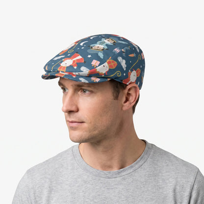 Sintpret – Blauwe Flatcap met Sinterklaasprint, Verstelbaar