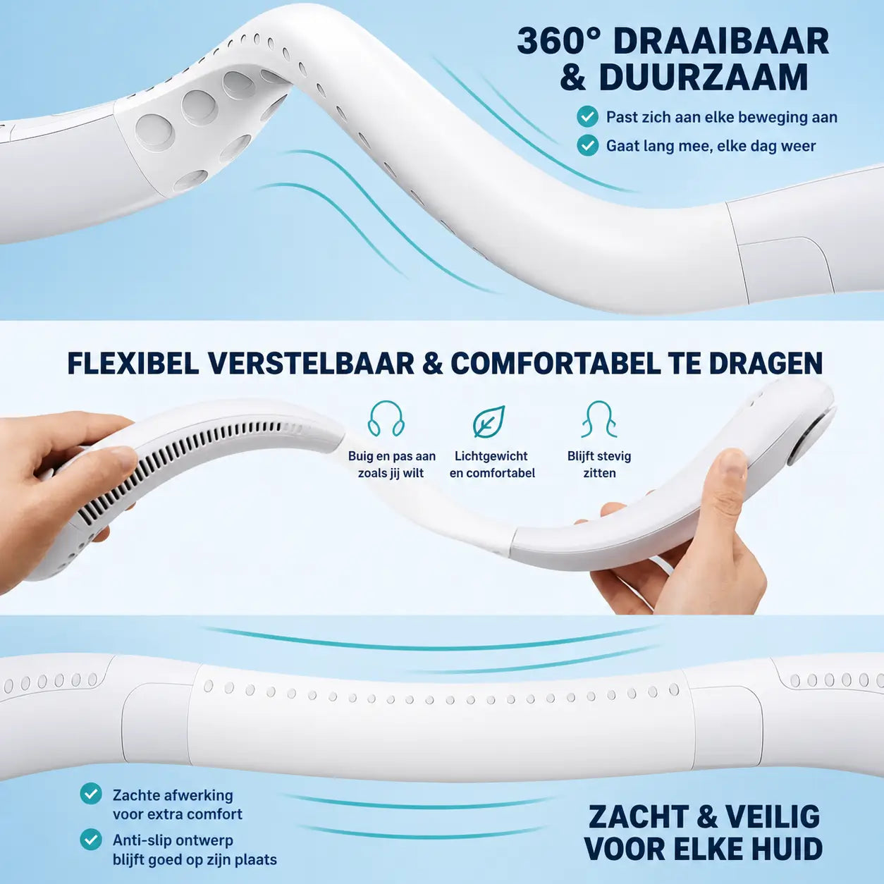 NekBries Draagbare Nekventilator Oplaadbaar USB 3 Snelheden Lichtgewicht