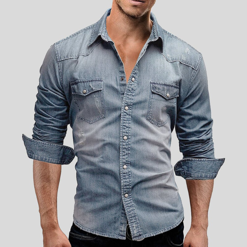 Rivano Heren Denim Shirt Vintage Stijl met Borstzakken