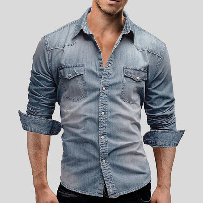 Rivano Heren Denim Shirt Vintage Stijl met Borstzakken