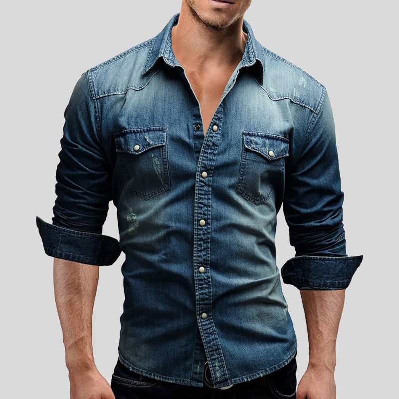 Rivano Heren Denim Shirt Vintage Stijl met Borstzakken