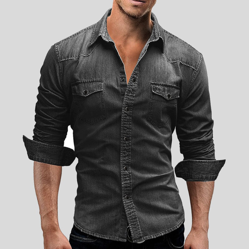 Rivano Heren Denim Shirt Vintage Stijl met Borstzakken