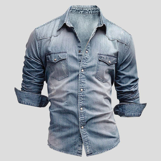 Rivano Heren Denim Shirt Vintage Stijl met Borstzakken