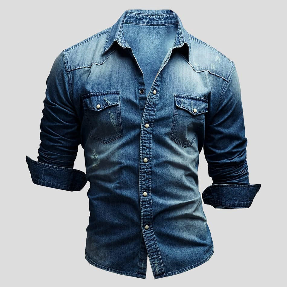 Rivano Heren Denim Shirt Vintage Stijl met Borstzakken