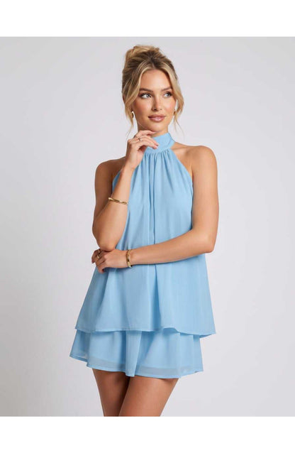 Zomerse Lunara Halterneck Mini Jurk met Gelaagde Rok Elegant Look