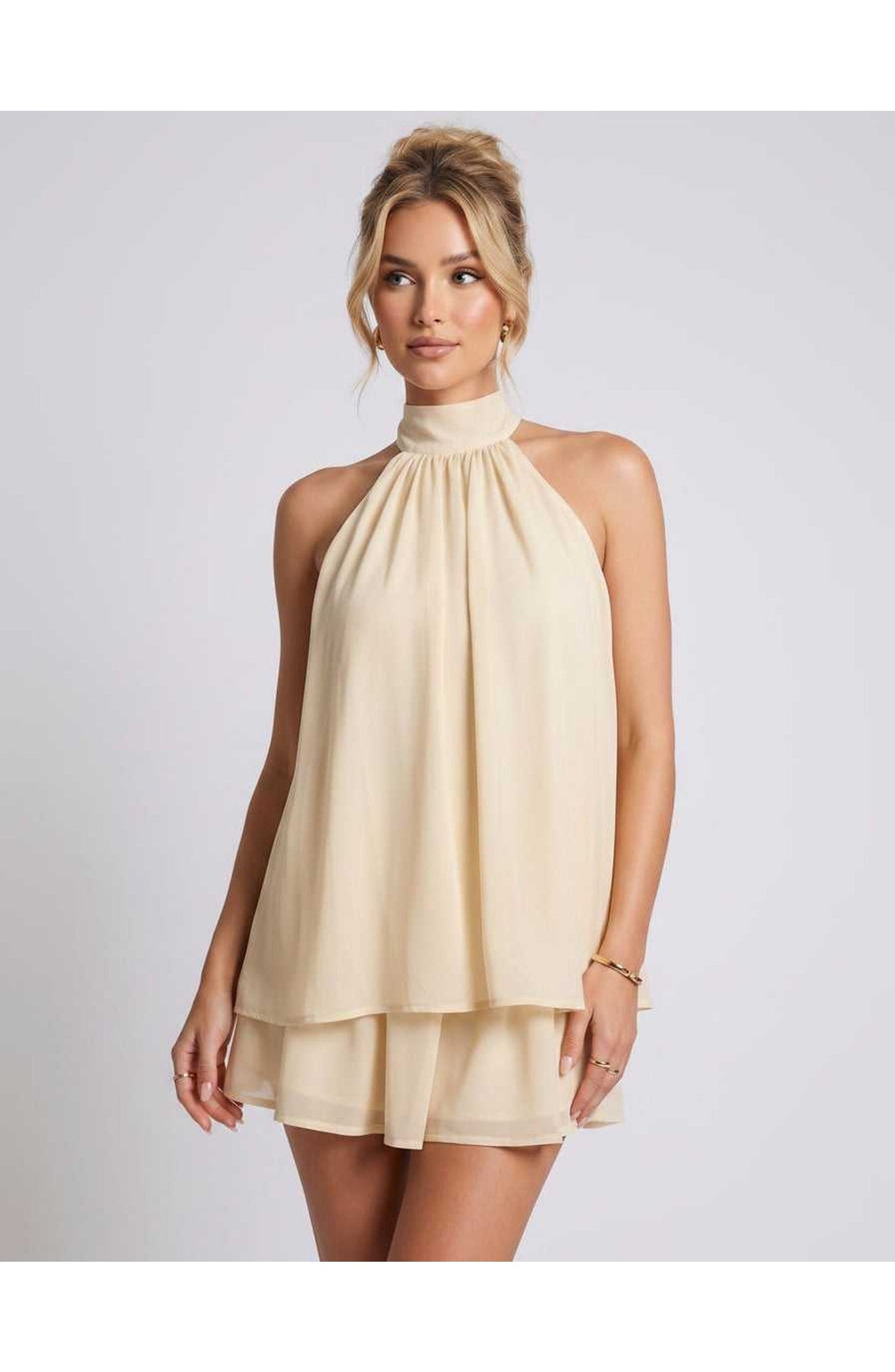 Zomerse Lunara Halterneck Mini Jurk met Gelaagde Rok Elegant Look