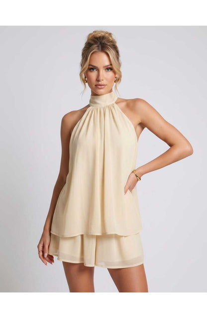 Zomerse Lunara Halterneck Mini Jurk met Gelaagde Rok Elegant Look