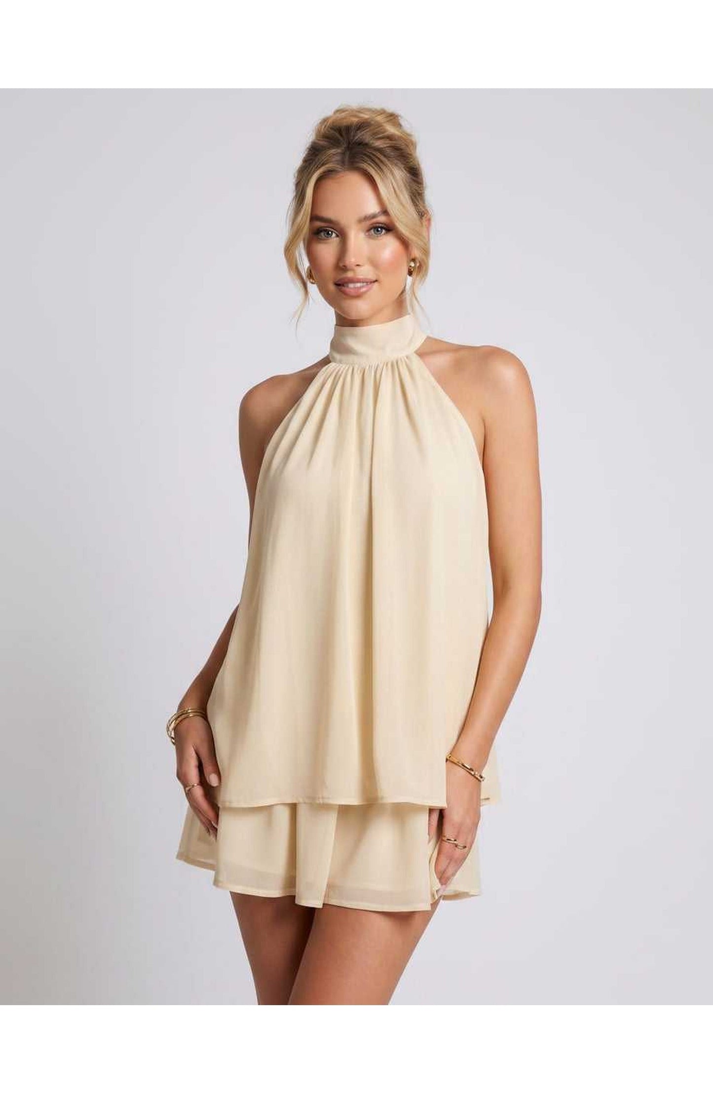 Zomerse Lunara Halterneck Mini Jurk met Gelaagde Rok Elegant Look