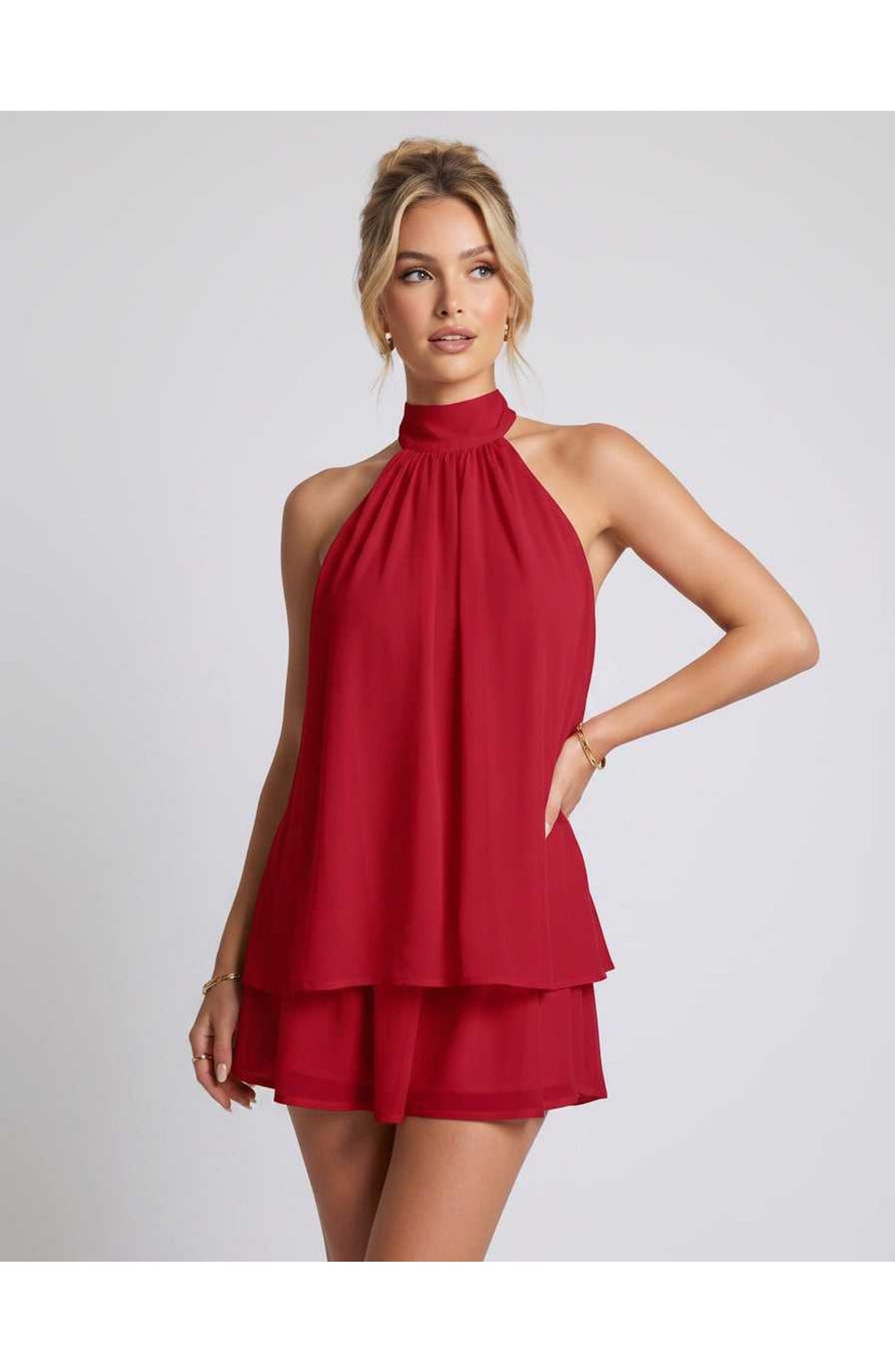 Zomerse Lunara Halterneck Mini Jurk met Gelaagde Rok Elegant Look