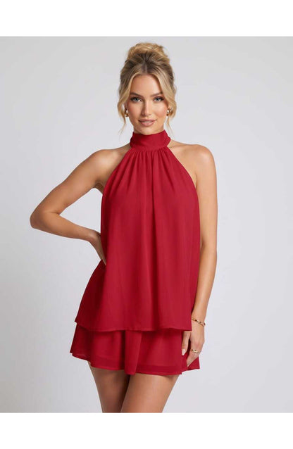 Zomerse Lunara Halterneck Mini Jurk met Gelaagde Rok Elegant Look