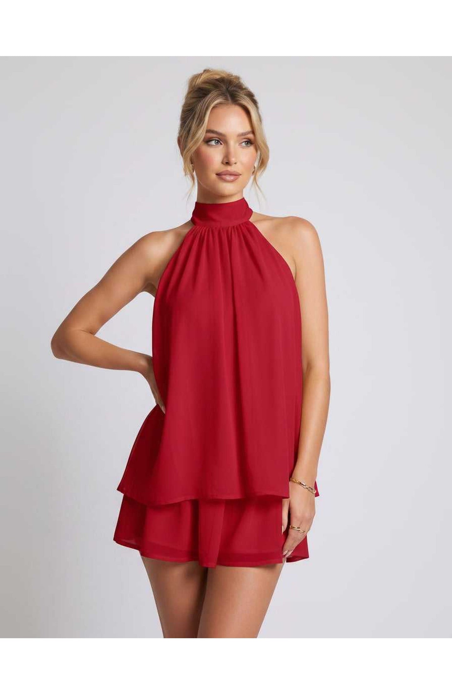 Zomerse Lunara Halterneck Mini Jurk met Gelaagde Rok Elegant Look