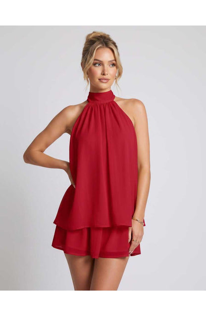 Zomerse Lunara Halterneck Mini Jurk met Gelaagde Rok Elegant Look