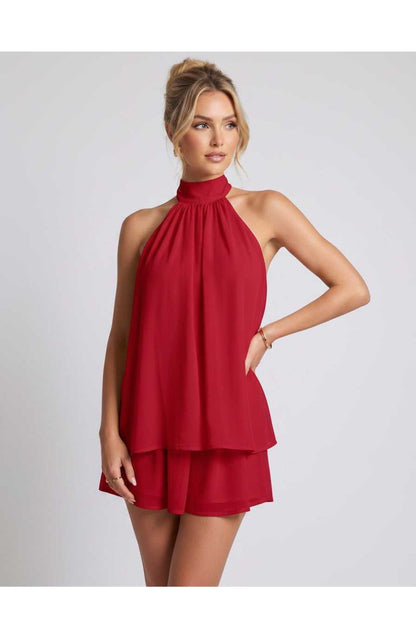 Zomerse Lunara Halterneck Mini Jurk met Gelaagde Rok Elegant Look