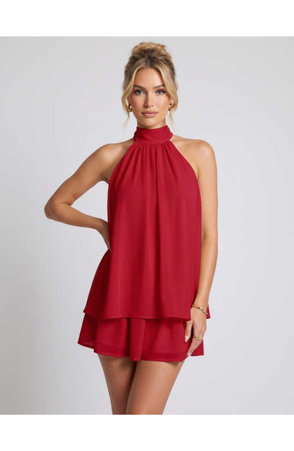 Zomerse Lunara Halterneck Mini Jurk met Gelaagde Rok Elegant Look
