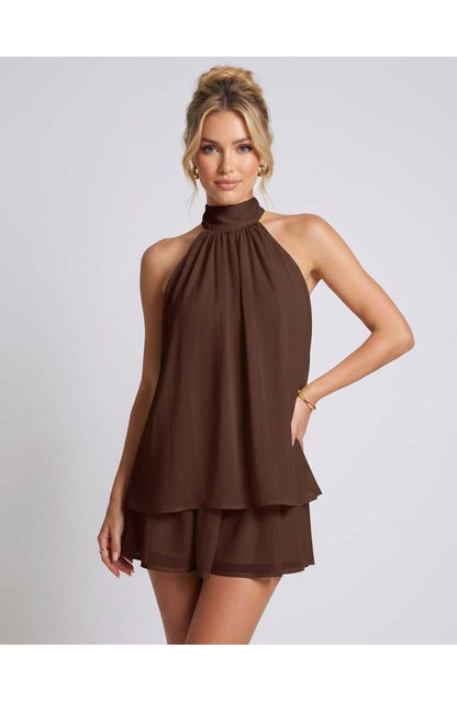 Zomerse Lunara Halterneck Mini Jurk met Gelaagde Rok Elegant Look