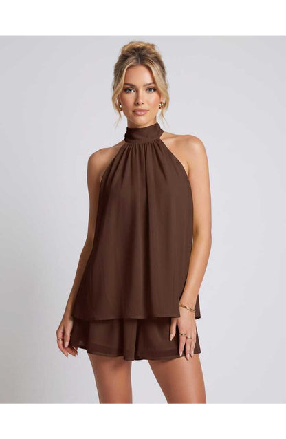 Zomerse Lunara Halterneck Mini Jurk met Gelaagde Rok Elegant Look