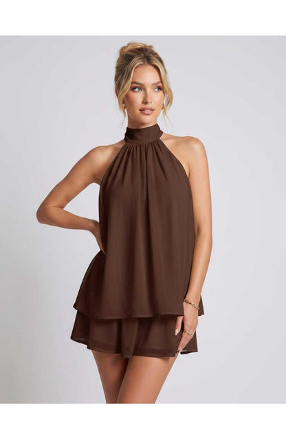 Zomerse Lunara Halterneck Mini Jurk met Gelaagde Rok Elegant Look