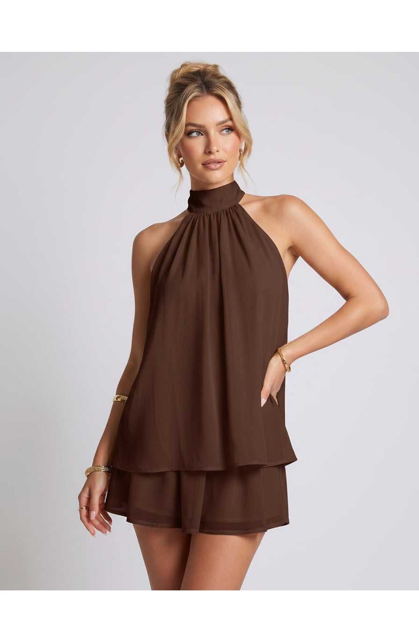Zomerse Lunara Halterneck Mini Jurk met Gelaagde Rok Elegant Look