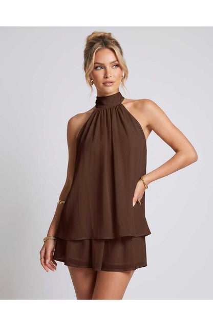Zomerse Lunara Halterneck Mini Jurk met Gelaagde Rok Elegant Look