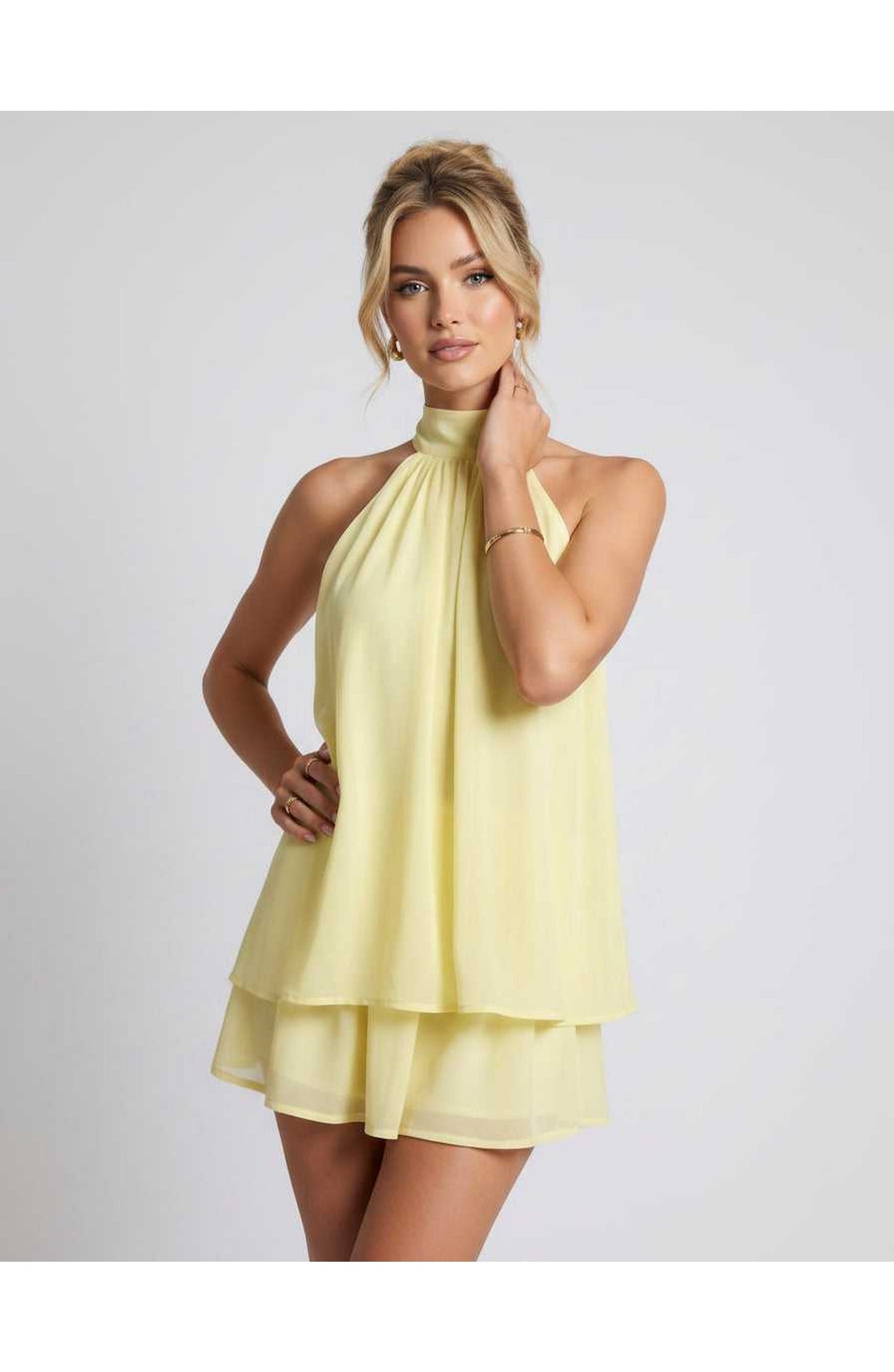 Zomerse Lunara Halterneck Mini Jurk met Gelaagde Rok Elegant Look