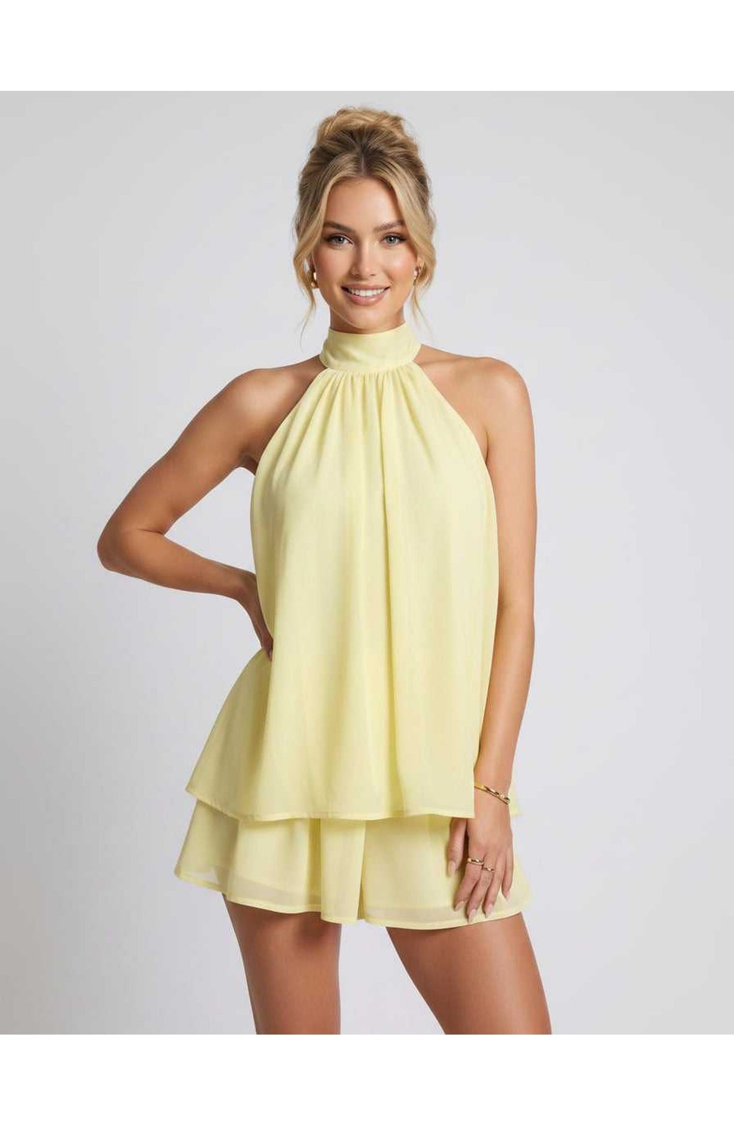 Zomerse Lunara Halterneck Mini Jurk met Gelaagde Rok Elegant Look