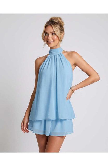 Zomerse Lunara Halterneck Mini Jurk met Gelaagde Rok Elegant Look