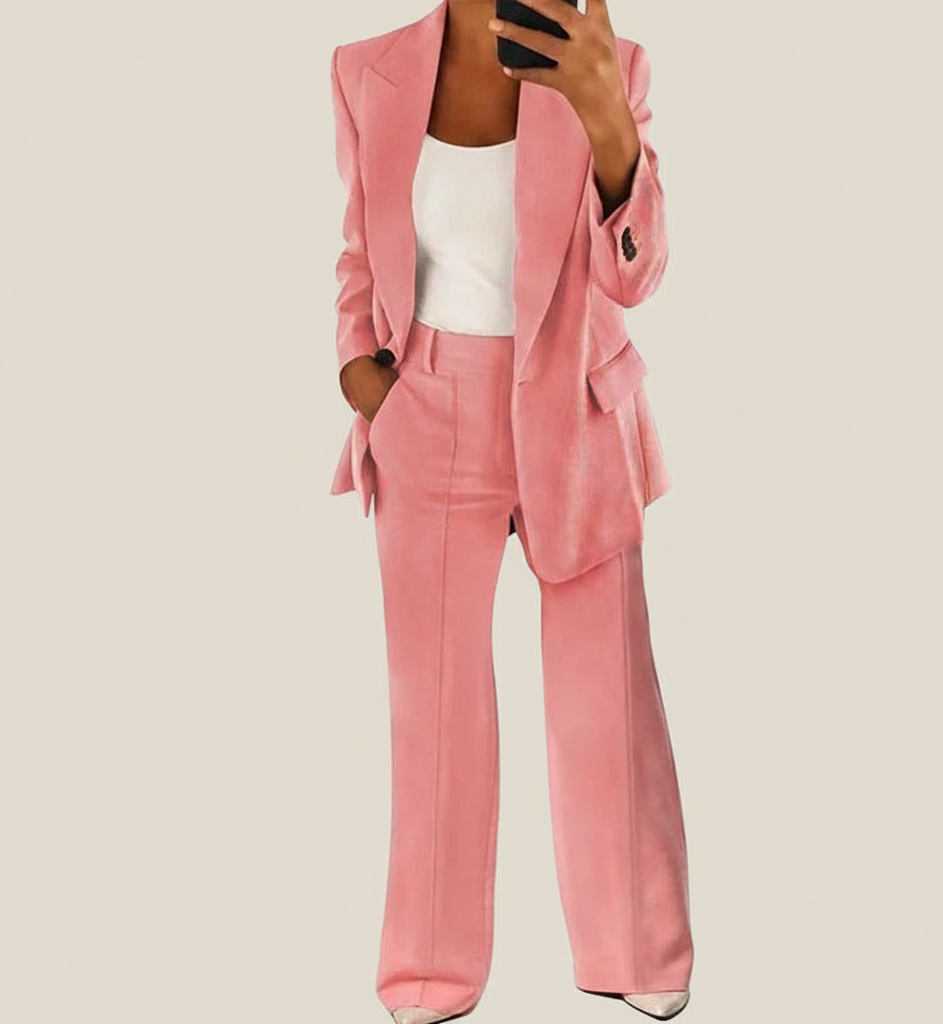 Elegante Dames Broekpak Set met Blazer en Wijde Pijpen
