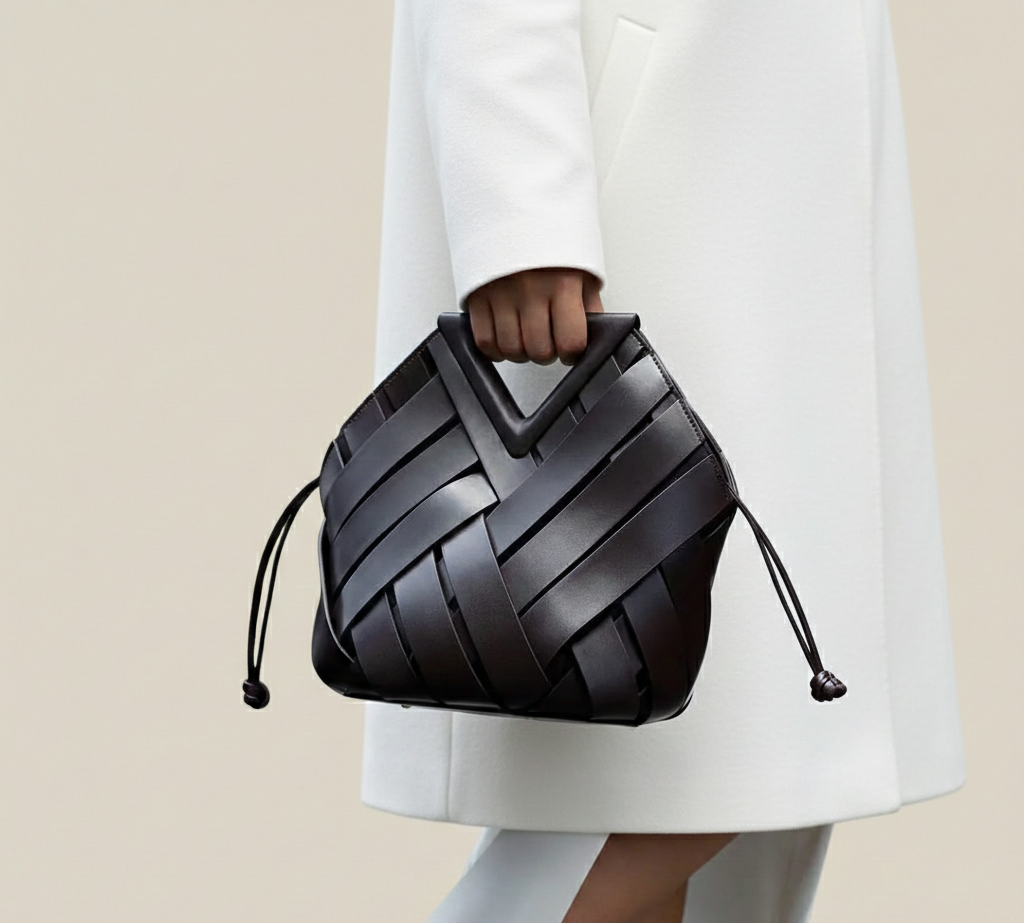 Gevlochten Dames Handtas van Vegan Leer met Driehoekige Handgreep