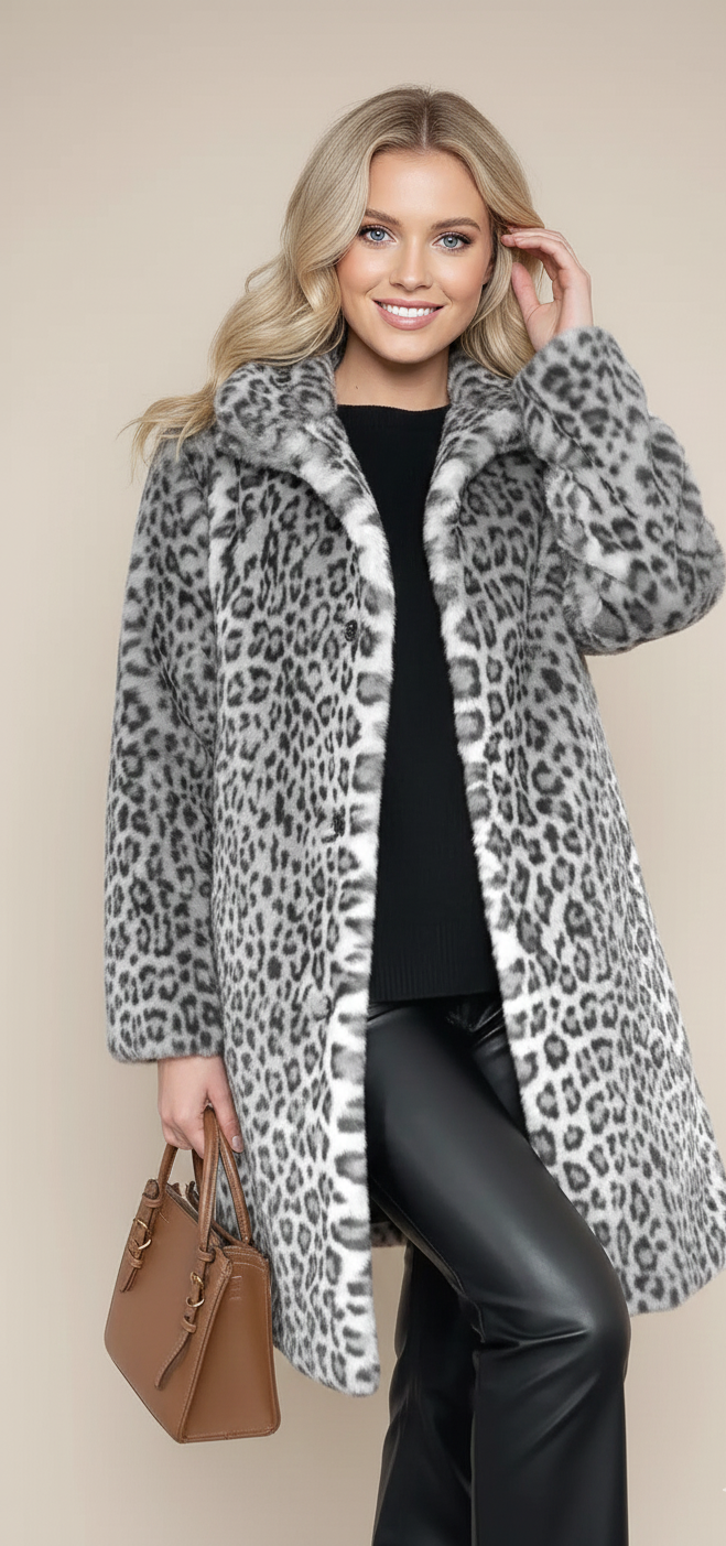 Livia Dames Faux Fur Jas met Luipaardprint voor Winter