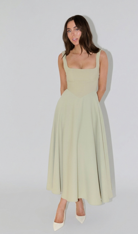 Elira midi jurk dames hoge taille vierkante hals elegant