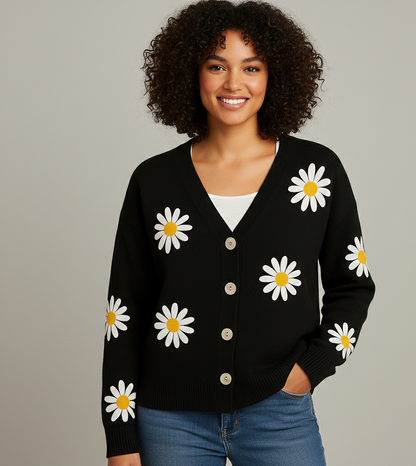 Gebreid Damesvest Elske met Bloemenpatroon en Knoopsluiting