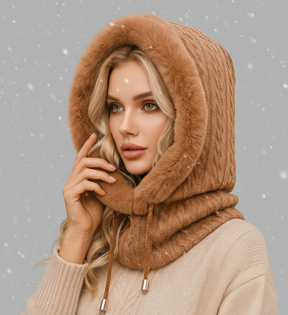 Warme Dames Winterset met Gebreide Stof en Capuchon met Bontlook