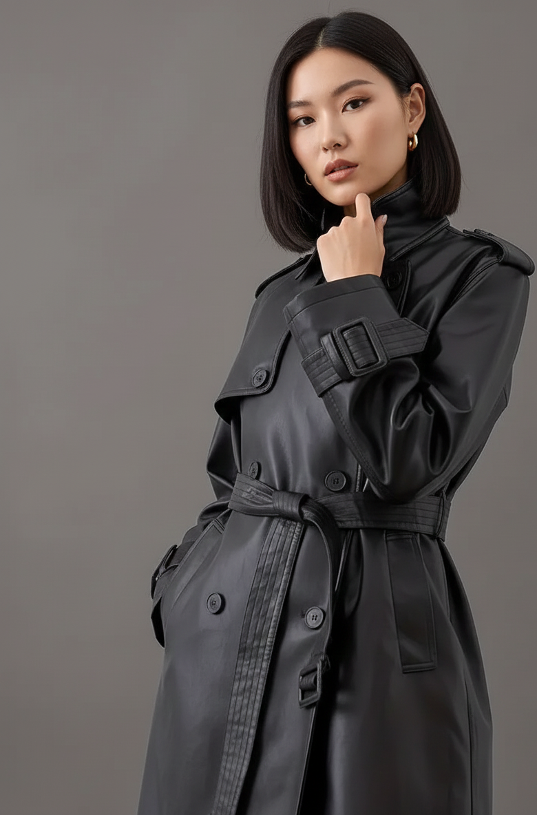 ZwartLoom Leren Dames Trenchcoat met Tailleceintuur