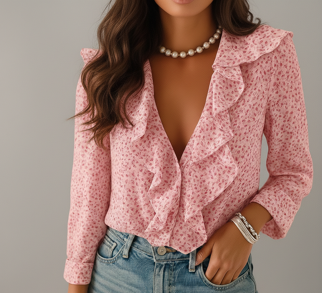 Elegante Damesblouse “Sereen” – Ruches & Vlinderprint voor Stijlvol Outfit