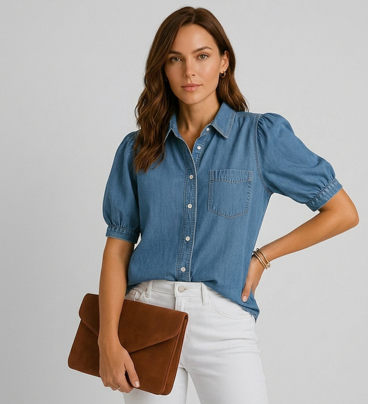 Denimluxe Getailleerde Dames Blouse van Zacht Denim