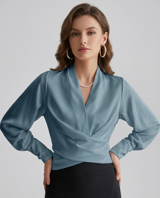 Elvira Satijnen Damesblouse met Pofmouwen en Geplooide Taille