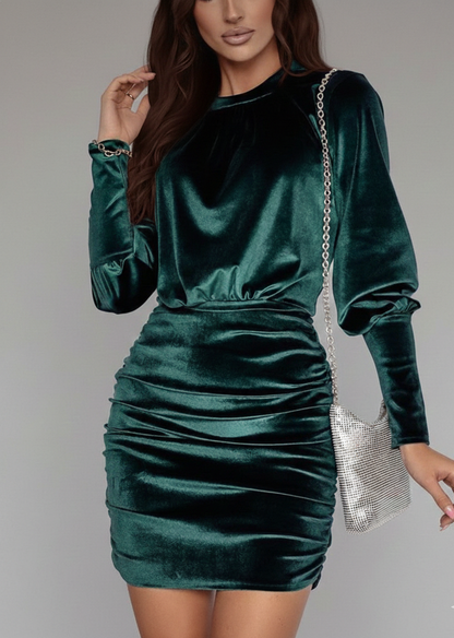 Smaragdglans Fluwelen Mini Jurk voor Dames met Gepofte Schouders